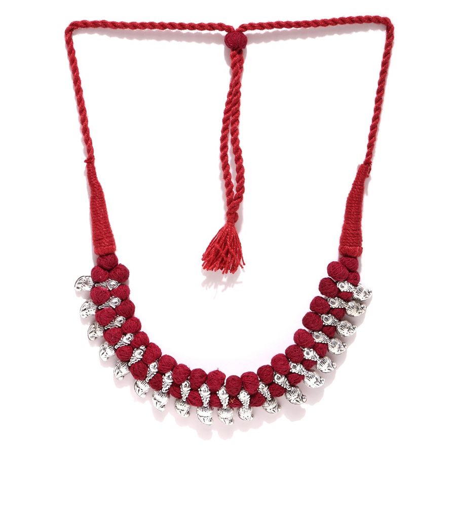 YouBella Oxidised Silver-Toned  Maroon Textured Necklace